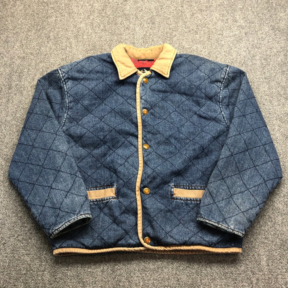 Foxrun Vintage Mens Diamond Quilted Denim Jacket Blue Corduroy Trim Medium